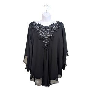 Tadashi Shoji Woman Black Chiffon Top Blouse Formal Lace Beaded Layered Flowy 12